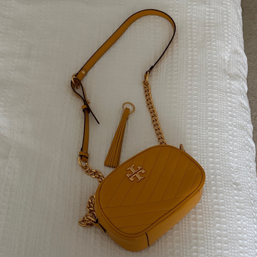 Tory Burch Kira Chevron Camera Bag- Mustard Yellow w/ Gold Accents